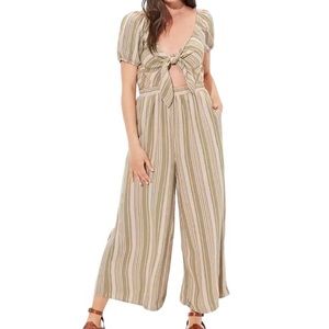 American Eagle Tie-front Jumper Romper Green Stripe Linen Blend Wide Cropped NWT